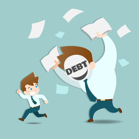 Businessmen are afraid and running away from the huge debts that are chasing very fast.のイラスト素材