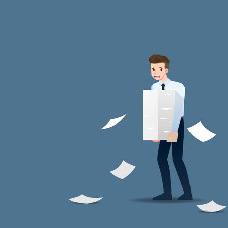 Anxious and tired businessman hold many stack of paper documents to do to complete tasks according to goals and deadlines.のイラスト素材