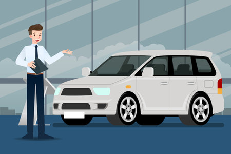A happy businessman, salesman is standing and present  his luxury car that parked in the show room.Vector illustration design.のイラスト素材