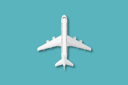 Airplane, jet, aircraft, airline realistic high detailed passenger sky business vehicle in top view. Civil aviation isolated template for tourism and travel concept design.のイラスト素材