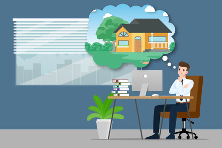 Businessman thinking or dreaming about buying a new beautiful modern house. An employee have a goal to own a personal property and work for success. Vector illustration design.のイラスト素材