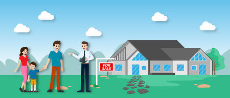 The realtor shows and presenting the new beautiful modern Real Estate for sale to client with family. Vector illustration in flat design.のイラスト素材