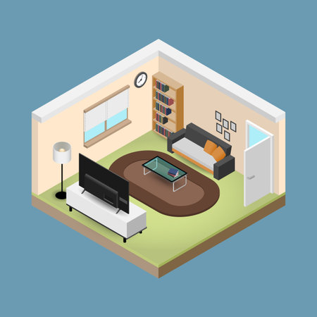 Concept room isometrics 3d composition with a sofa and a large wide screen TV, a living room with many furnitures, a window and door open vector modern design.のイラスト素材