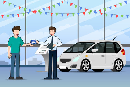 A happy businessman, salesman is standing and give a Vehicle registration book for sell luxury car that parked in the showroom to customer. Vector illustration design.のイラスト素材