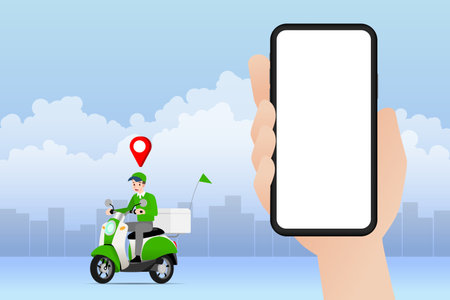 Delivery man going to deliver parcel, food, product to customer by app on blank screen smartphone tracking on a moped with a ready meal, technology and logistics concept with city in the background.のイラスト素材