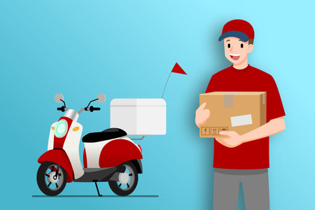 Delivery man stand and holding a goods parcel in front of a delivery motorbike that going to fast express, deliver food or product to customer with city in the background.のイラスト素材
