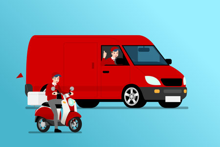 Delivery van and bike ready for going to fast express or deliver parcel, food, product to customer with city in the background.のイラスト素材
