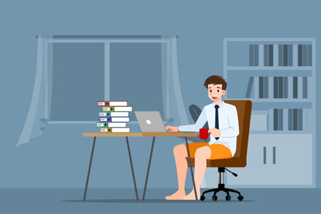 Young business man is sitting and working with laptop on the chair at home. Online job in social for safety and to protect him from corona virus. Vector illustration flat design.のイラスト素材