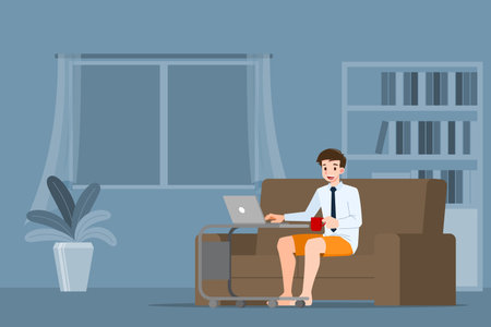 Young business man is sitting and working with laptop on the sofa at home. Online job in social for safety and to protect him from corona virus. Vector illustration flat design.のイラスト素材