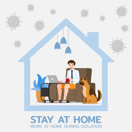 Young business man is sitting and working with laptop on the sofa at home with his dog. Online job in social for safety and to protect him from Corona virus. Vector illustration flat design.のイラスト素材