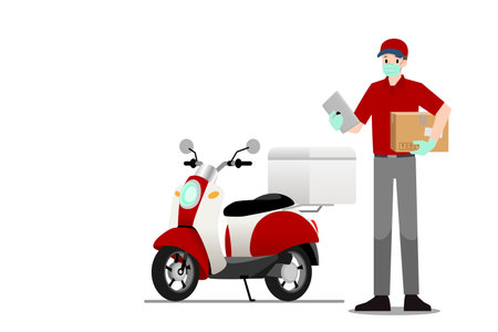 Delivery Man stand and holding a smart tablet & goods or parcel in front of a motorbike and ready for going to fast express deliver food or product to customer. Flat illustration service concept.のイラスト素材