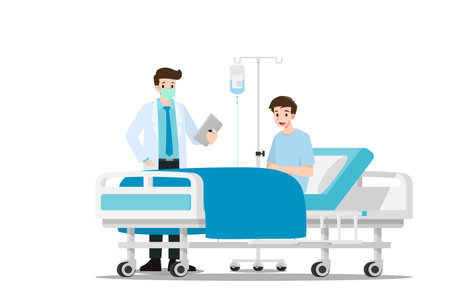 The doctors visit and treating the patient who resting on the bed in the hospital room. Medical Health care concept. Hospital ward set scene. Vector Flat Illustration designのイラスト素材