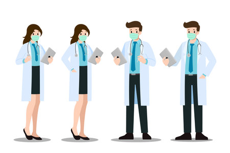 A set of man and woman poses doctor who wear mask & lab coat, holding a clipboard and talk or presenting about corona virus or disease. Vector illustration design.のイラスト素材