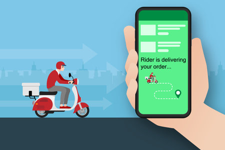 Safe at home delivery during coronavirus covid-19 crisis epidemic. A delivery man delivering a parcel to customer by motorbike and the city in the background.のイラスト素材