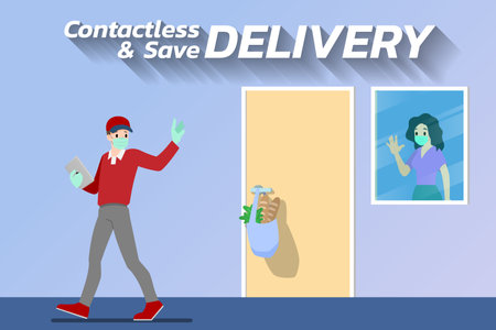 Safe at home delivery during coronavirus covid-19 crisis epidemic. A Man who wear mask and gloves delivering a product or goods to a woman customer and leaving them at a safe distance place.のイラスト素材
