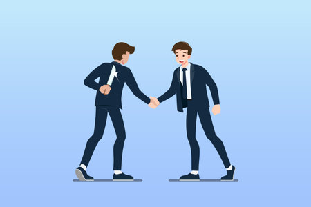 Two Businessmen standing and shake hands each other for cooperation and make a deal. But the first one is holding knife behind his back and ready to betrayal.のイラスト素材