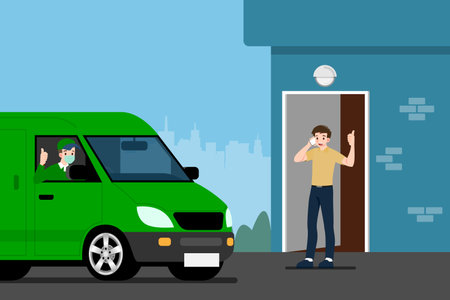 Safe at home delivery during coronavirus covid-19 crisis epidemic. A Man who wear mask and gloves delivering a parcel to a man customer and leaving the box at a safe distance.のイラスト素材