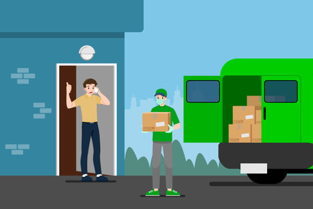Safe at home delivery during coronavirus covid-19 crisis epidemic. A Man who wear mask and gloves delivering a parcel to a man customer and leaving the box at a safe distance.のイラスト素材