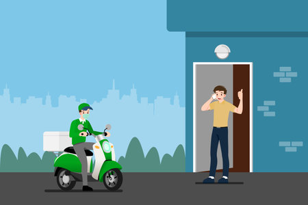 Safe at home delivery during coronavirus covid-19 crisis epidemic. A Man who wear mask and gloves delivering a parcel to a man customer and leaving the box at a safe distance.のイラスト素材