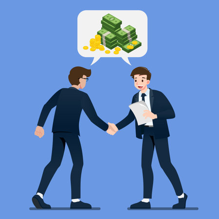 Businessman shaking hands. Business people making a deal about money investment concept with isometric coin and money dollar in bubble chat talk. Vector illustration in flat cartoon style.のイラスト素材
