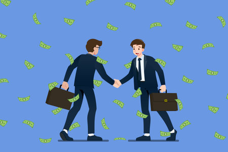 Successful businessman shaking hands. Business people making success deal about money investment concept in the money rain drop of coin and dollar banknote. Vector illustration in flat cartoon style.のイラスト素材