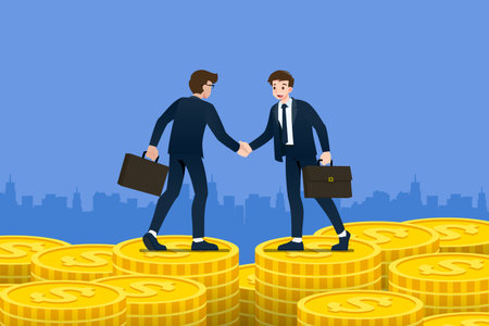 Successful businessman shaking hands. Business people making success deal about money investment concept on the big money coin building. Vector illustration in flat cartoon style.のイラスト素材