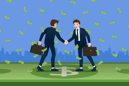 Successful businessman shaking hands. Business people making success deal about money investment concept in the money rain drop of coin and dollar banknote. Vector illustration in flat cartoon style.のイラスト素材