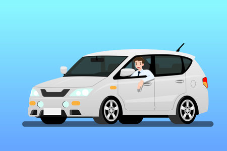 Happy businessman driving a new car to work. It's easy and fast than walk. Business people drive a expensive modern white vehicle with gladness and proud. Isolated vector illustration design.のイラスト素材