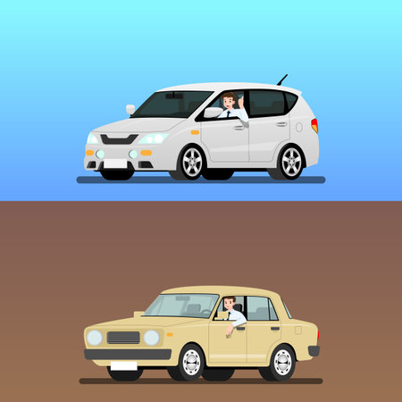 Businessman driving car to work with different emotion but It's easy and fast than walk. Business people drive a various vehicle. Isolated vector illustration design.のイラスト素材