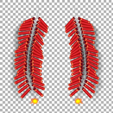 Realistic 3d Chinese burning fire cracker template. The Chinese holiday symbol culture isolated on transparent background. Vector illustration design.のイラスト素材