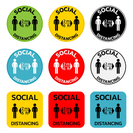 Social distancing set of sticker icons design. Sign silhouettes of man and arrow keep distance between person to stop virus spread. Very useful to warn and remind people about Corona-virus, Covid-19.のイラスト素材