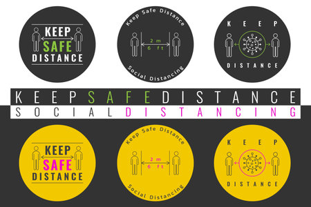 Social distancing set of sticker icons design. Sign silhouettes of man and arrow keep distance between person to stop virus spread. Very useful to warn and remind people about Corona-virus, Covid-19.のイラスト素材