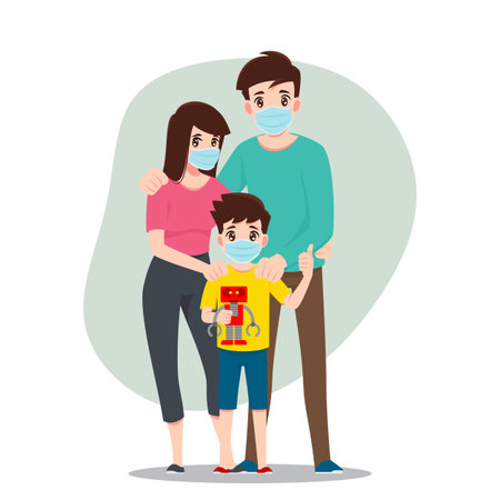 Family is wearing masks to protecting their children and them from Corona virus, COVID-19 and stop the viruses spread. People are quarantine and do the new normal life. Flat vector illustration.のイラスト素材