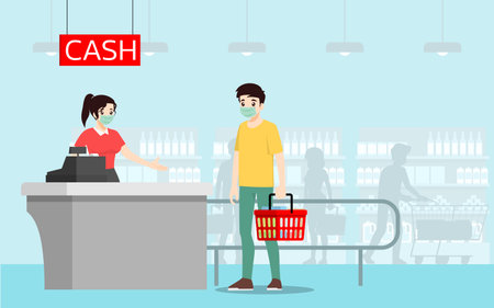 Social distancing to prevent coronavirus or covid-19. The prevention and maintain to wear face mask and safe distance from the other people at the supermarket. Customers protection rule.のイラスト素材