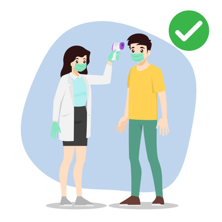 The doctor holding infrared thermometer to checking body temperatures to prove that the patient were safe in the clinic. Social distancing to safe people from coronavirus, covid-19 prevention.のイラスト素材