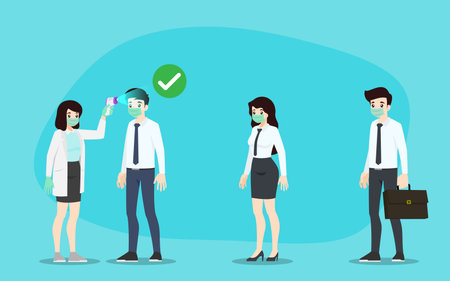 The employee holding infrared thermometer to checking body temperatures to prove that the others in the office were safe. Social distancing to safe people from coronavirus, covid-19 prevention.のイラスト素材
