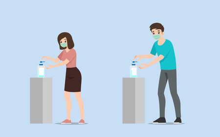 Man & woman using hand sanitizer gel pump dispenser to clean their hands to protect them from corona virus or covid-19. The virus prevention solution by themselves concept. Vector flat design.のイラスト素材