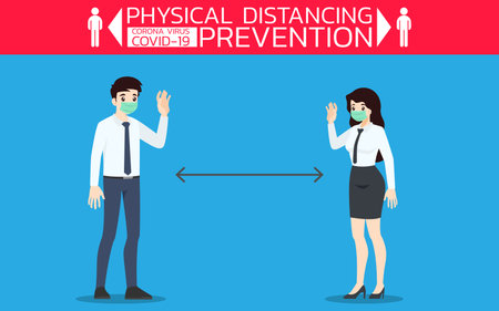Businessman do th physicall distancing to prevent coronavirus or covid-19. The prevention and maintain to wear face mask and safe distance from the other people. Virus protection rule.のイラスト素材