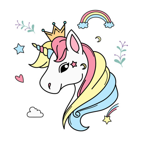 White Unicorn head vector icon for children design isolated. Head portrait horse with rainbow hair. Cute magic cartoon fantasy animal. Animal in dream fantasy concept.のイラスト素材