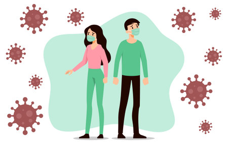 Man & Woman wearing medical face protection masks. Depressed people prevent disease, flu, pollution, contaminated air,  virus spread. Concept of coronavirus or Covid-19 quarantine vector illustration.のイラスト素材