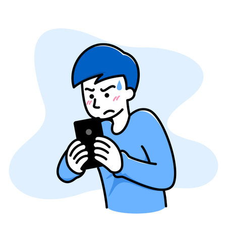 Man feel confused, angry, bad when he play a game on his cellphone, mobile phone, smartphone. Anger people use electronic gadget concept. Vector illustration blue mono-tone color flat design.のイラスト素材