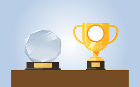 Winner gold & glass trophy. Number one award prize and acrylic trophies. Golden & Crystal win awarding trophy, championship winner glossy cup.のイラスト素材