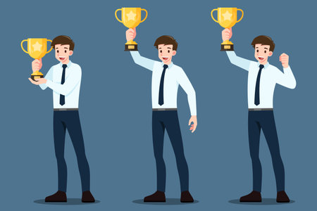 Set of a successful young smily businessman raise up & holding a gold trophy cup. Winner or leader male character with business success concept.のイラスト素材