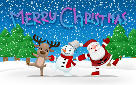 Merry christmas and happy new year companion, Santa claus, snowman and reindeer holding hand each other and celebrate in winter season.のイラスト素材