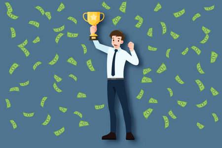 A successful young businessman in suit with smiley face wear red cape holding a gold trophy cup. Business people raise up an winner award under the money rain. A leader male character success concept.のイラスト素材