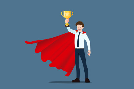 A successful young businessman with smiley face, wear red cape raise up & holding a gold trophy cup. Winner or leader male character with business success concept.のイラスト素材