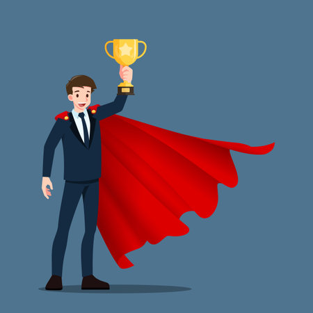 A successful young businessman in suit with smiley face, wear red cape raise up & holding a gold trophy cup. Winner or leader male character with business success concept.のイラスト素材