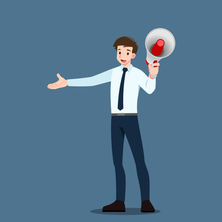 Businessman talking through a megaphone, making an announcement yelling to spread the words for attract people.のイラスト素材
