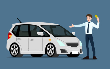 A happy businessman, salesman is standing and present his vehicles for sell or rent that parked in the shop. Business people or car dealer, show his new car in show room. Vector illustration design.のイラスト素材