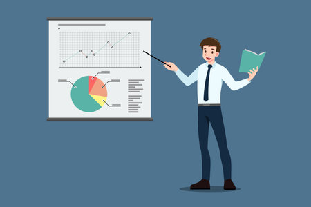Businessman pointing to the screen for educate, presentation, meeting, conference, mentor, coach on seminar, annual report training concept. Business company briefing and discussion analysis.のイラスト素材
